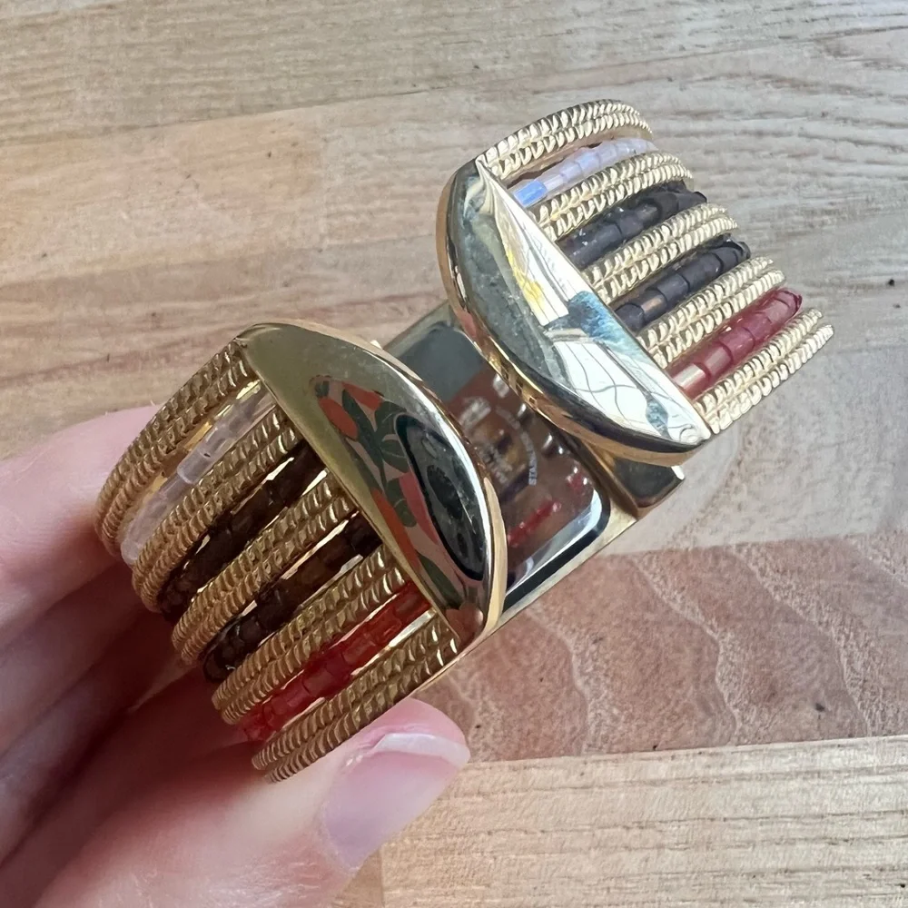Details ladies hinged beaded cuff bracelet watch NEW BATTERY